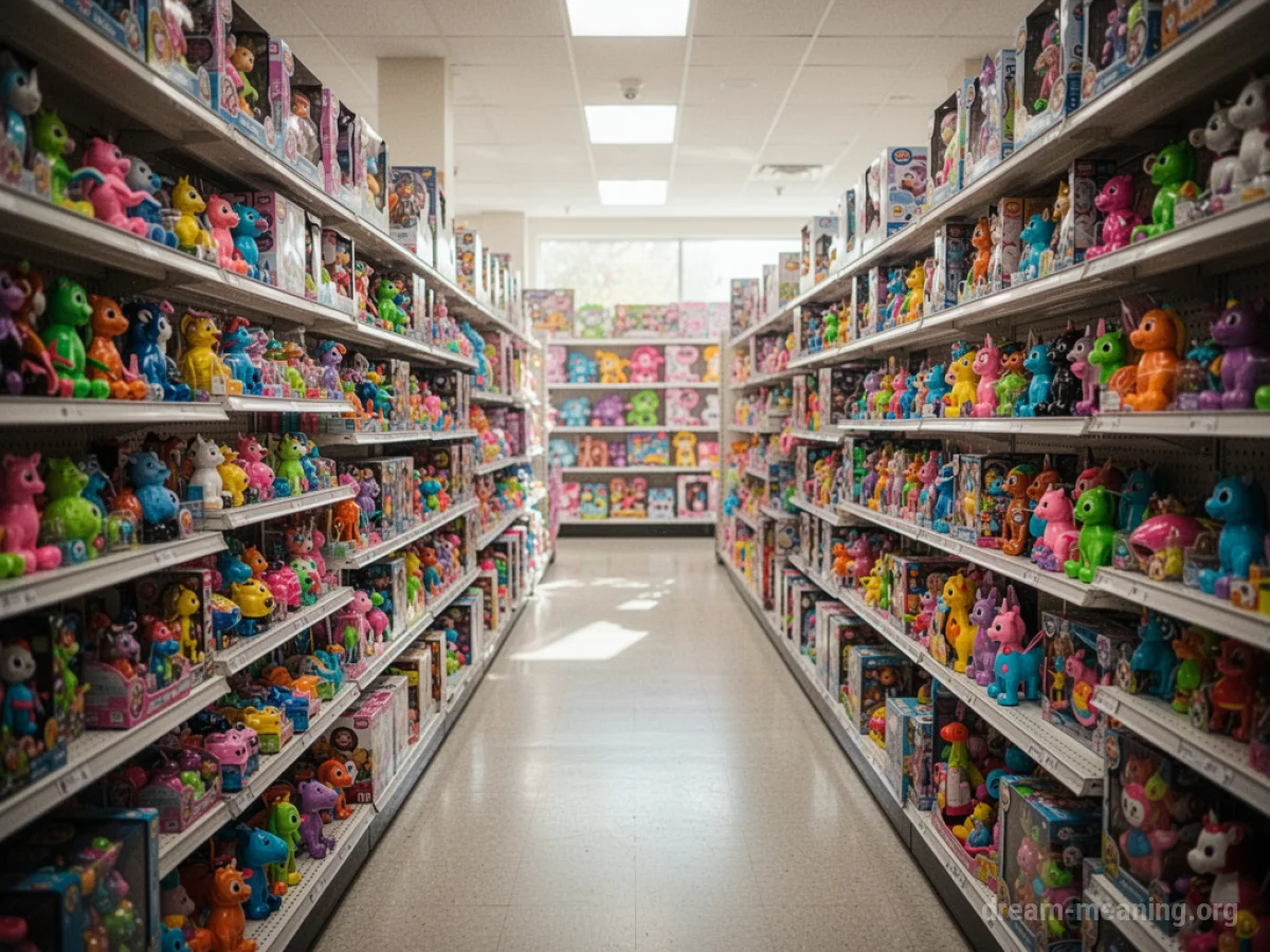 Shelves stocked with numerous colorful toys in a store aisle.