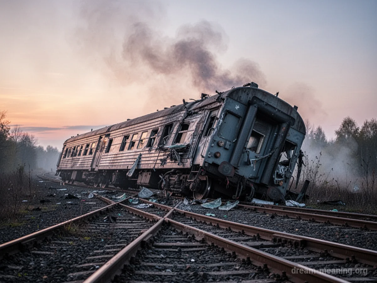 A derailed train car lying on its side beside a railway track.