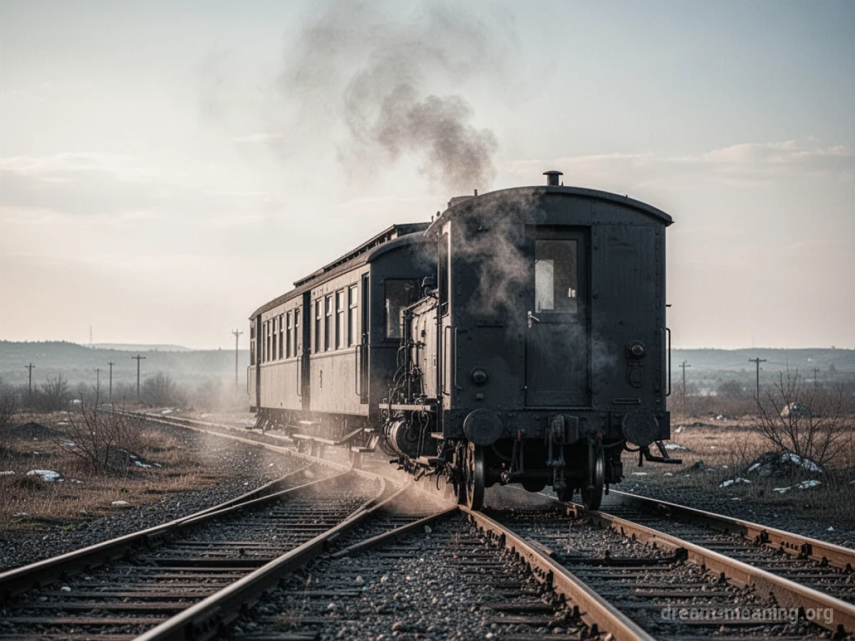 A train car halted on railway tracks with wisps of smoke.