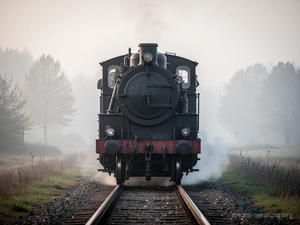 A train moving backwards down a track into fog.