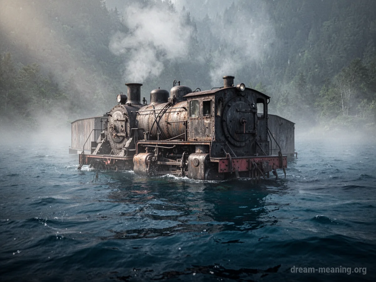 A train partially submerged in water.