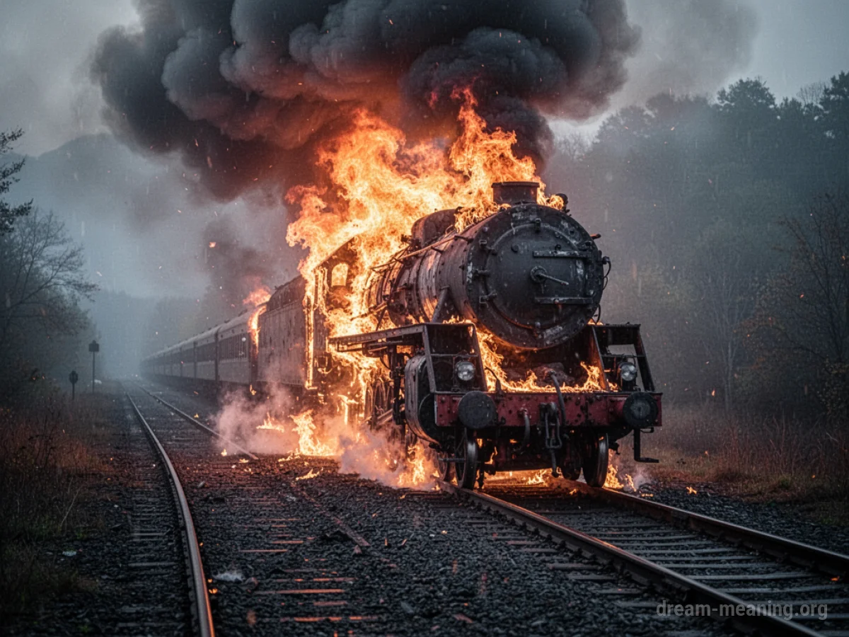 A train on fire on a railway track.