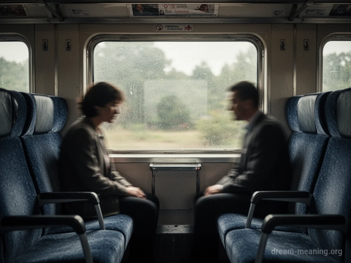 Interior view of a train compartment with a shadowy figure sitting across the aisle.