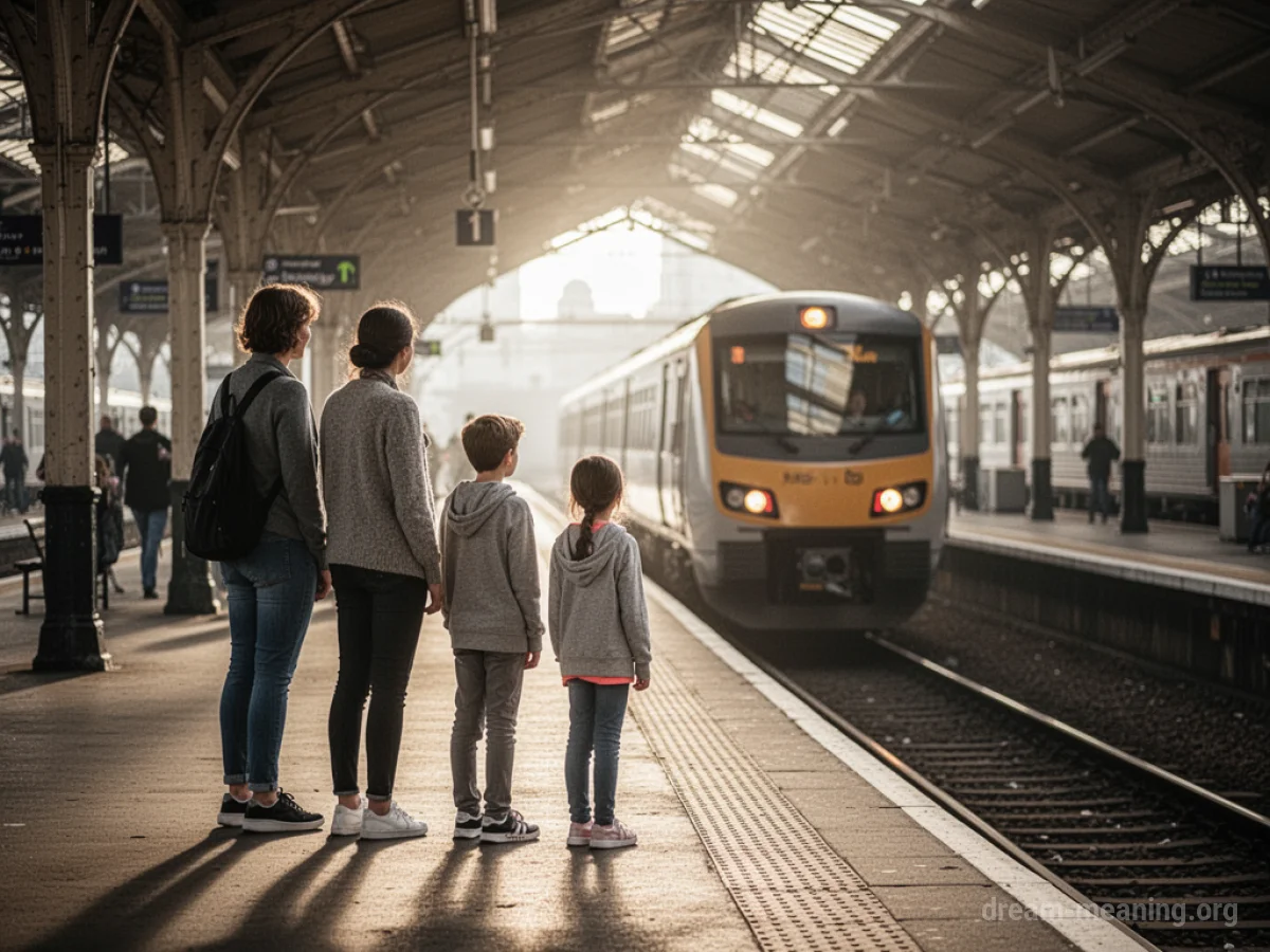 A family waits on a train platform as a train approaches.