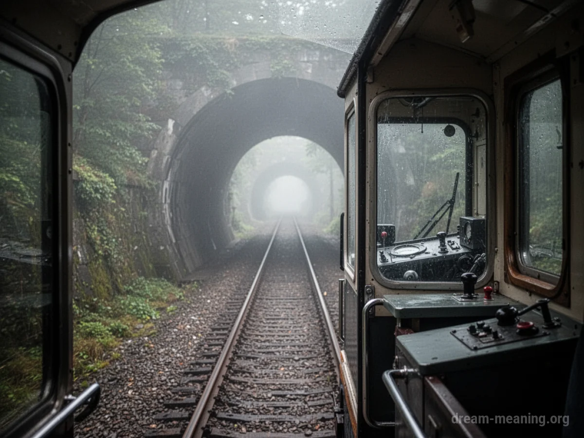 An empty train cabin on tracks leading into a foggy tunnel.