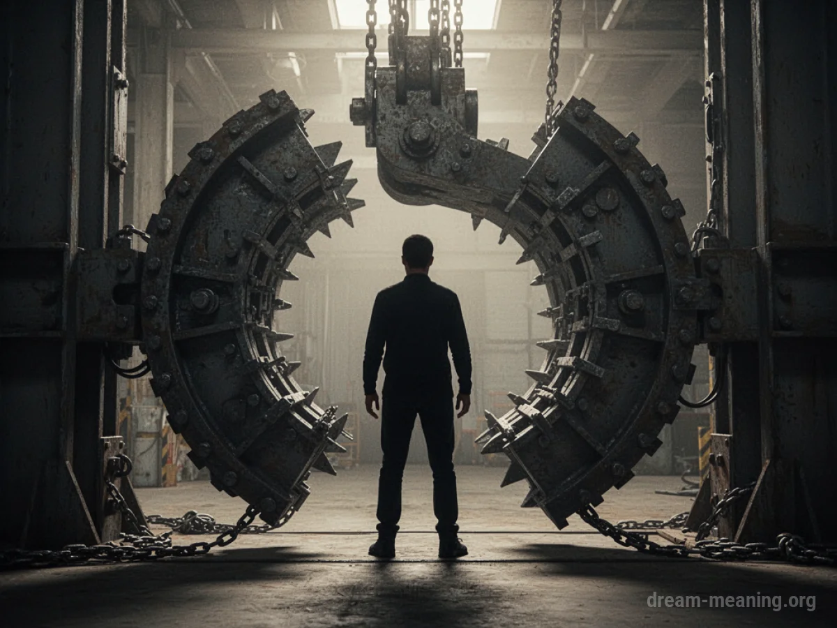 Silhouette of a person with a large metal trap closing in around them.