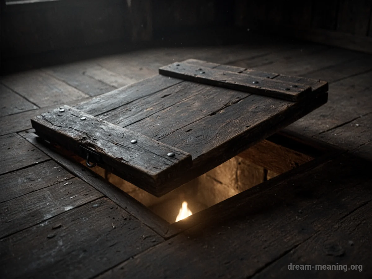 A wooden trap door slightly open on a floor, with light coming from below.