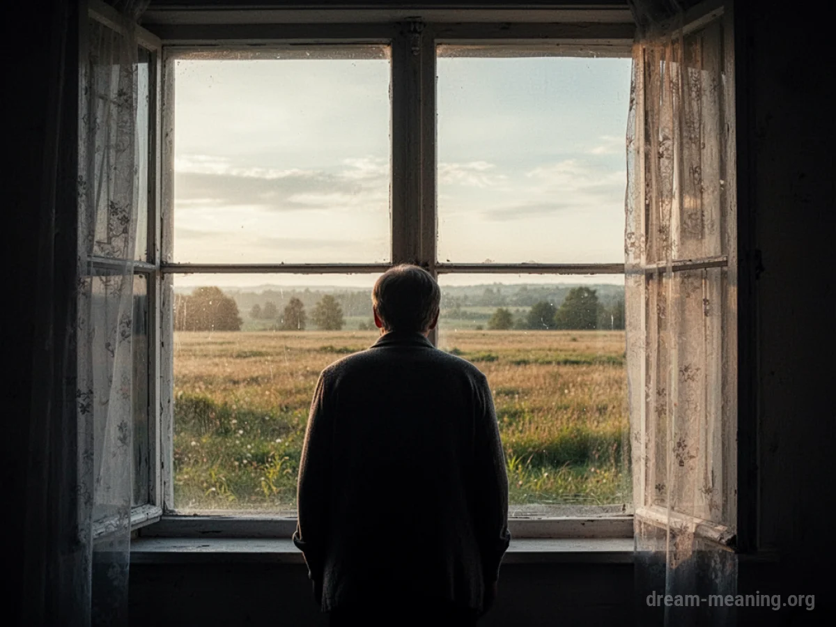 Silhouette of a person looking out a window towards a bright, open field.