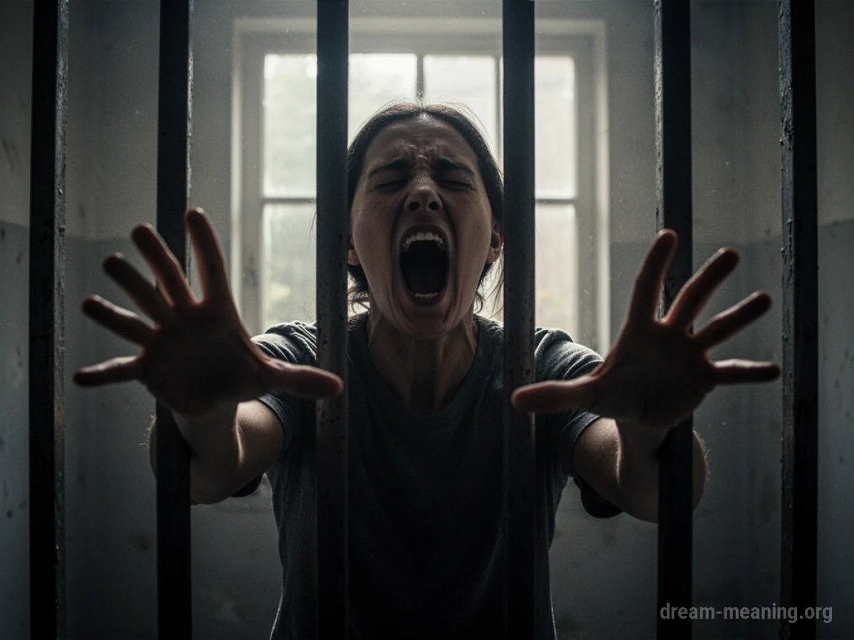 Silhouette of a person trapped behind bars with mouth open.