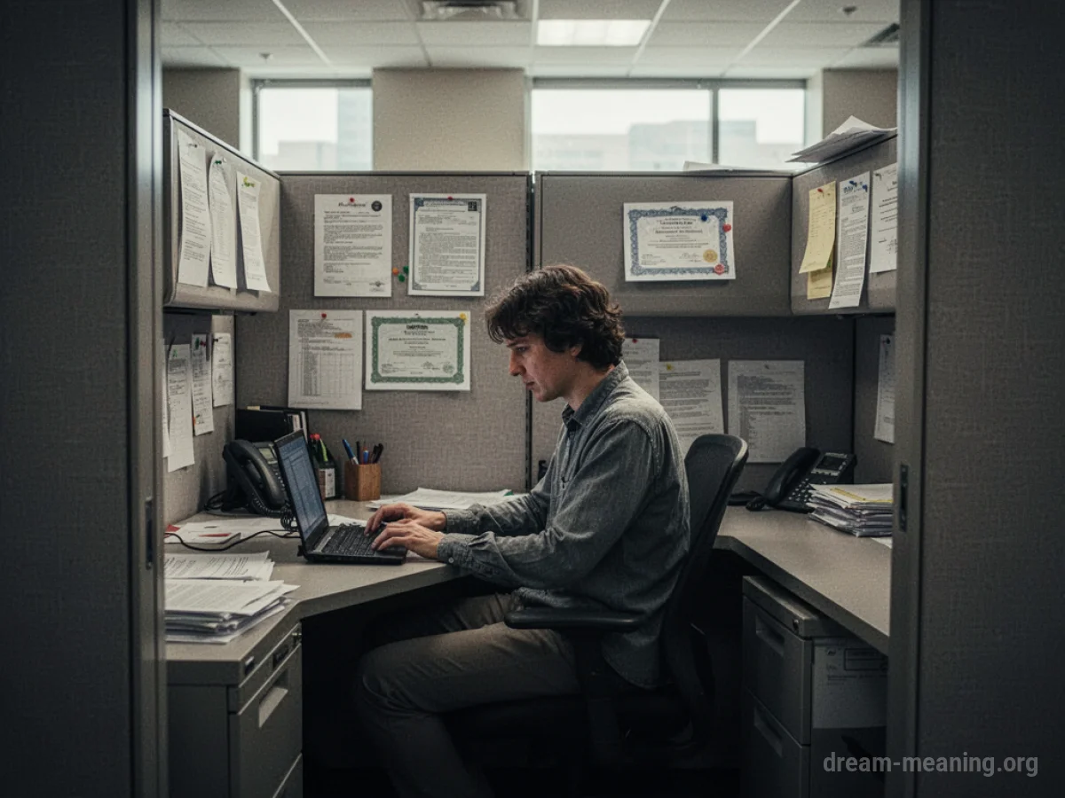 A person at a desk with cubicle walls appearing to shrink.