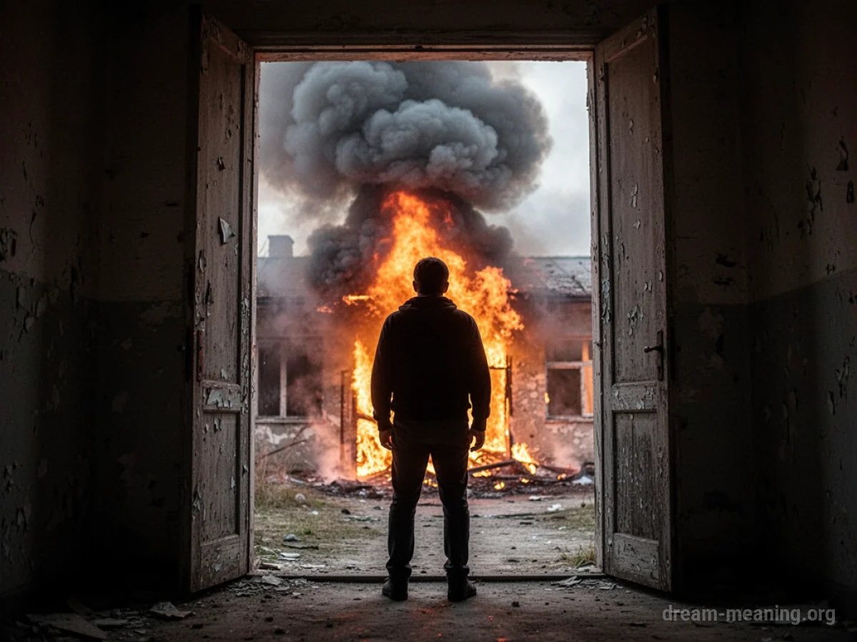 Silhouette of a person standing in a doorway with smoke and orange light visible outside.