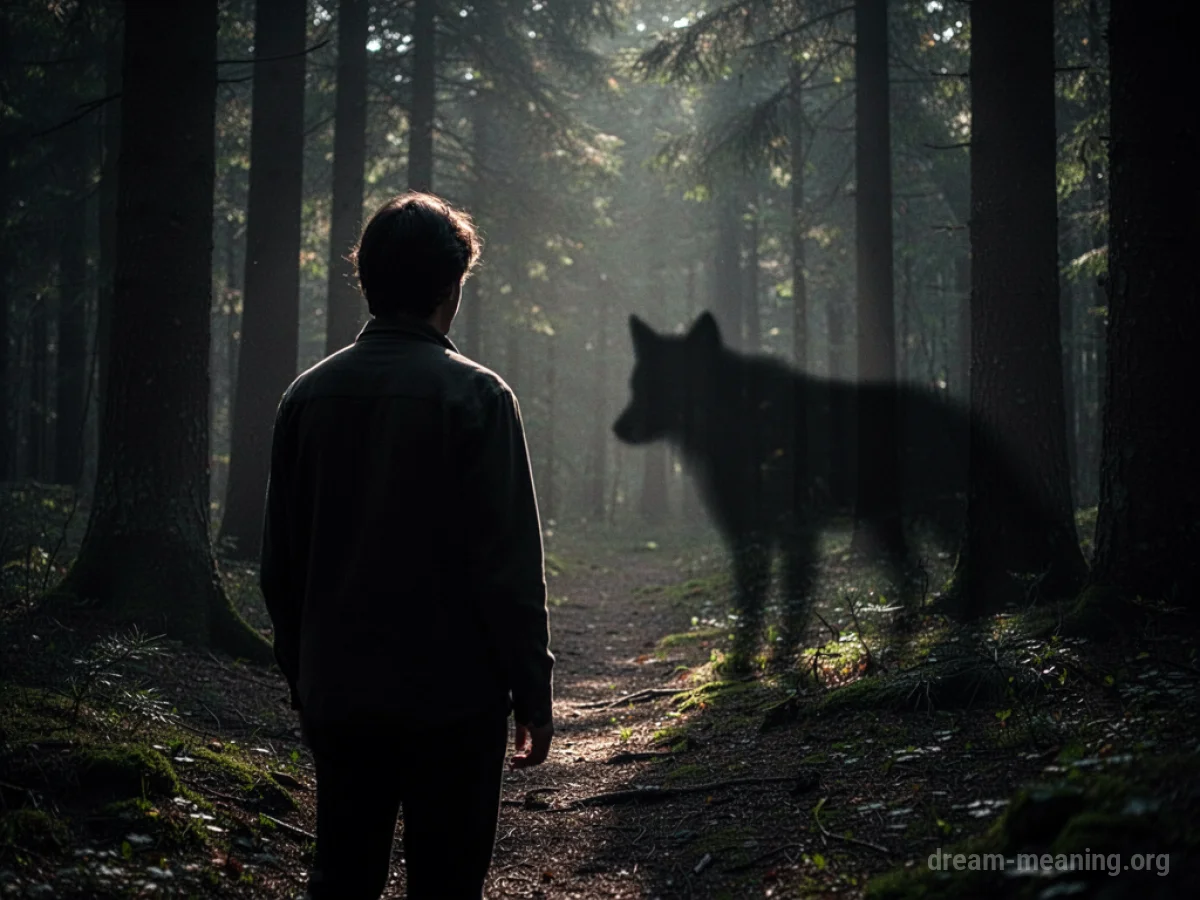 Silhouette of a person facing away from a dark, menacing animal shape in a dimly lit forest.