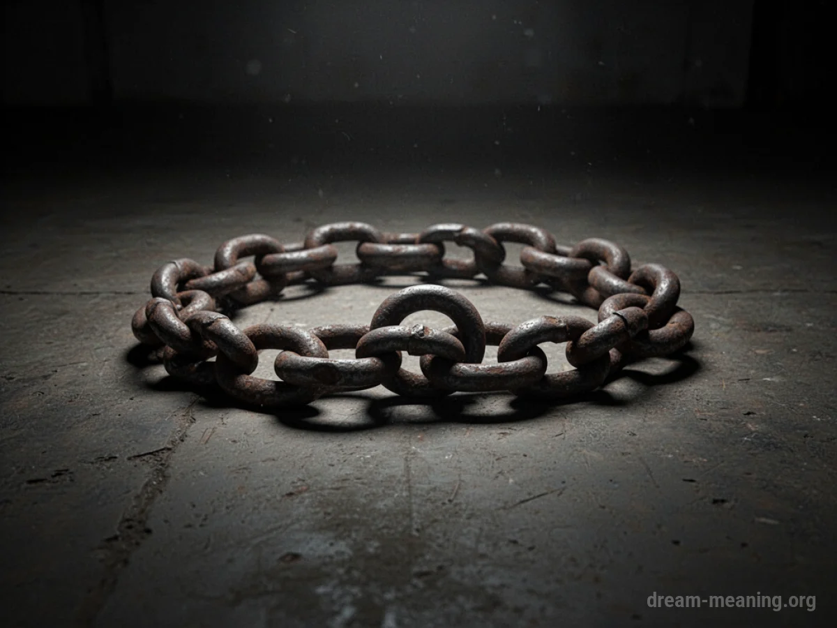 A close-up view of a thick, rusted metal chain on a dark surface.