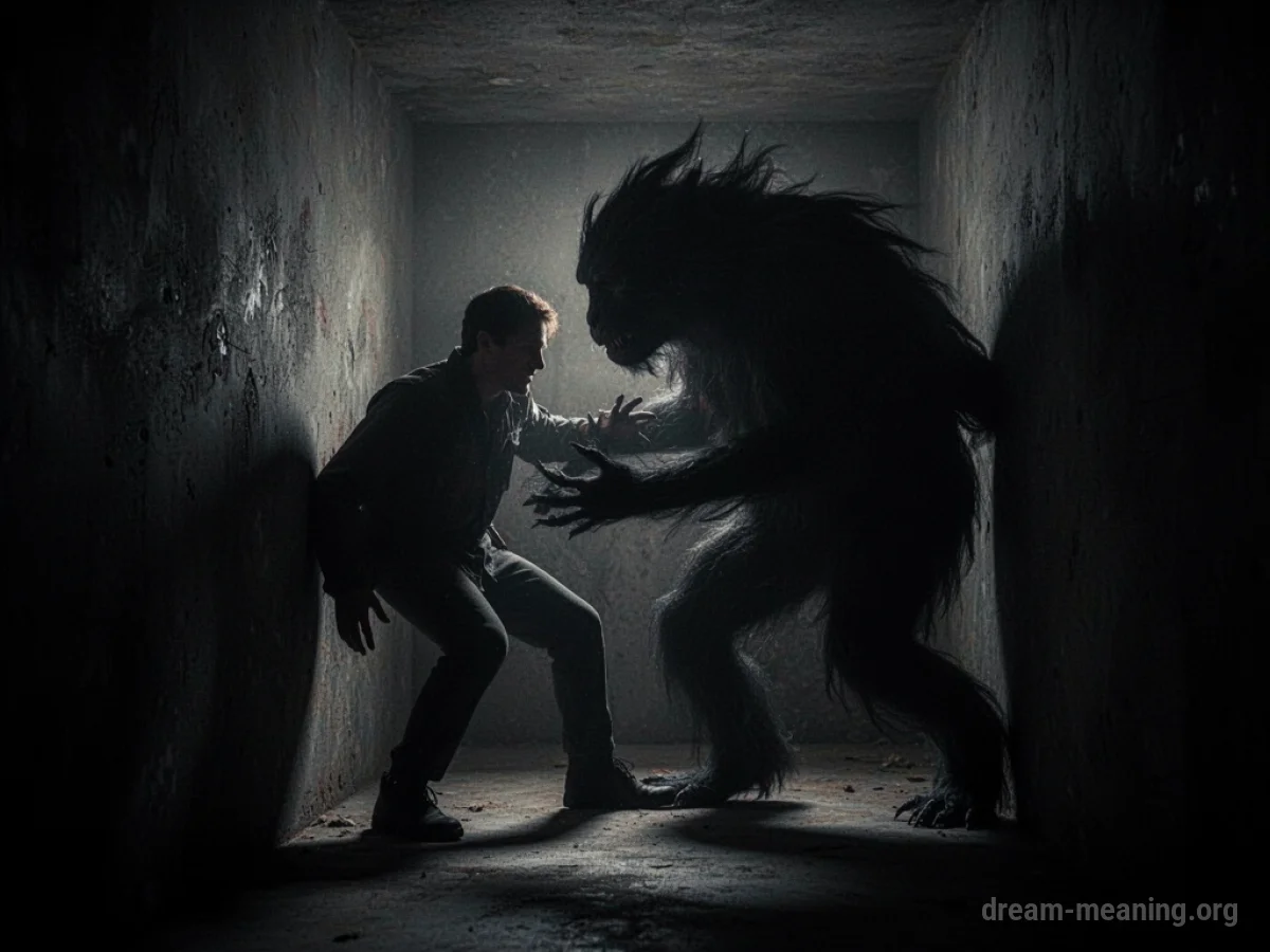 Silhouette of a person facing a large shadowy monster.