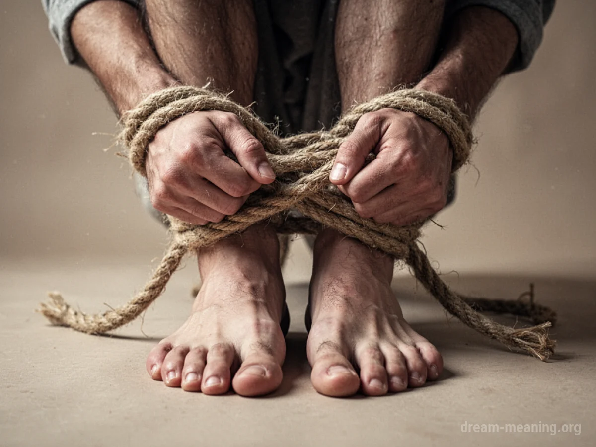 Hands and feet tied with coarse ropes.