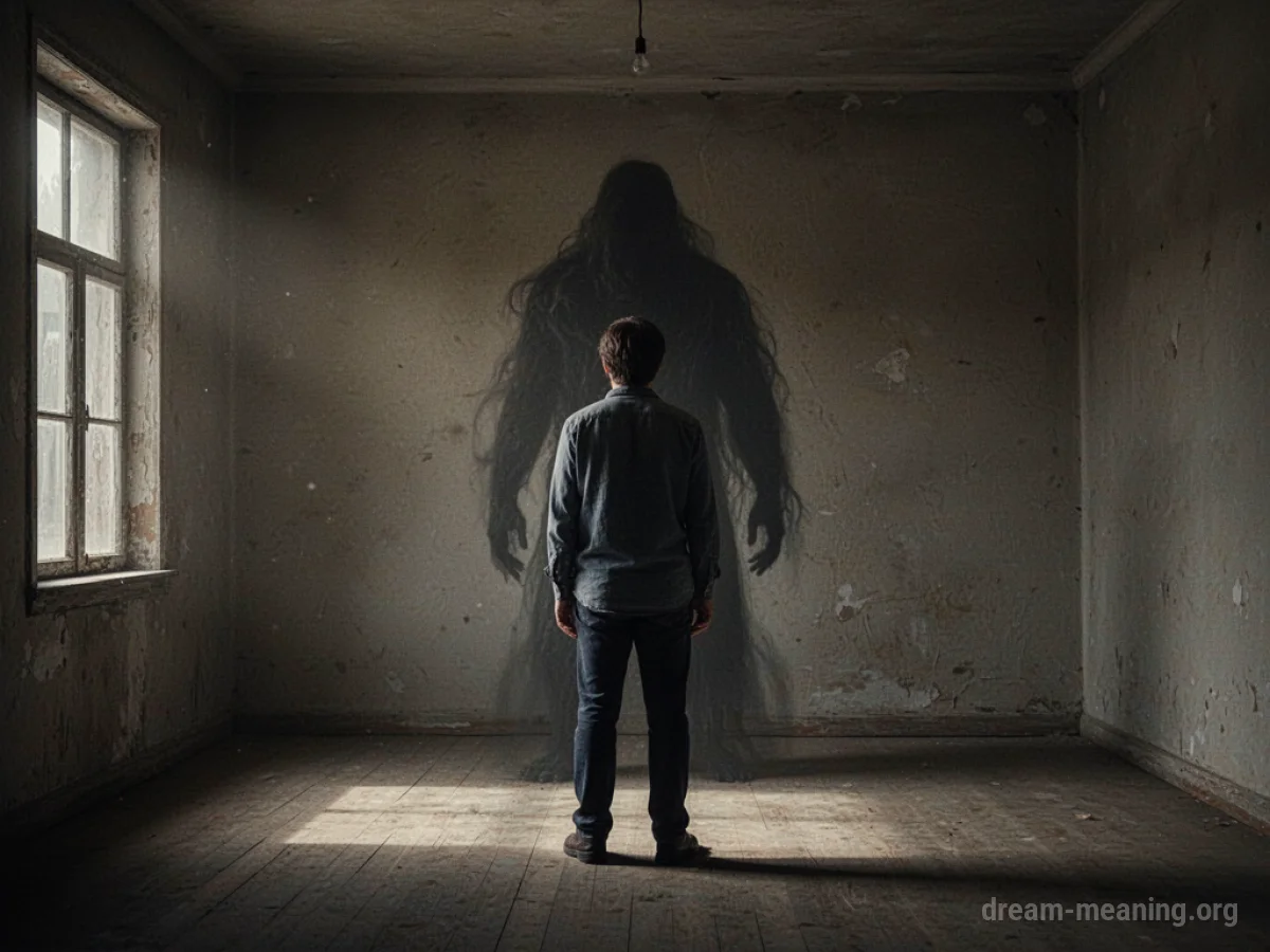 A person standing in a dark room with a shadowy figure behind them.
