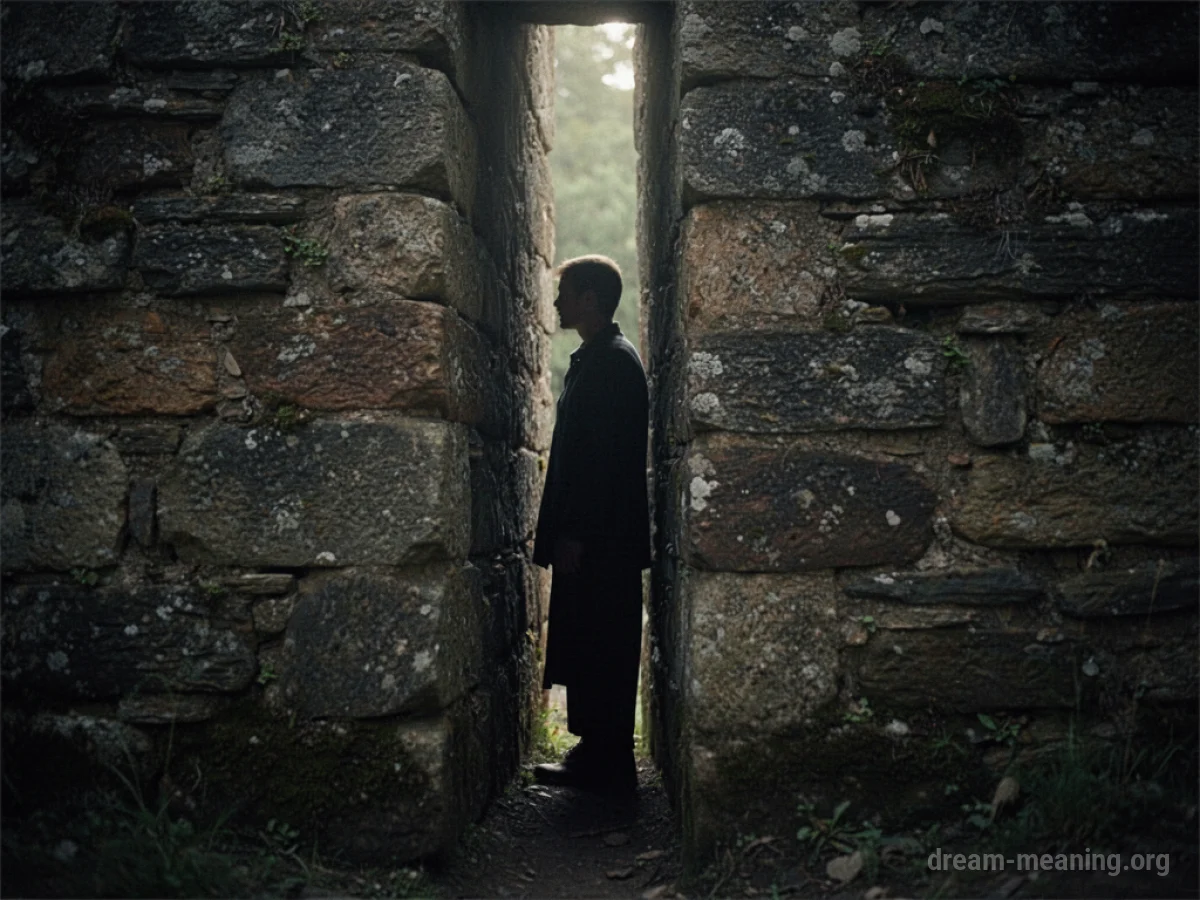 Silhouette of a person looking out from a small, dark opening.