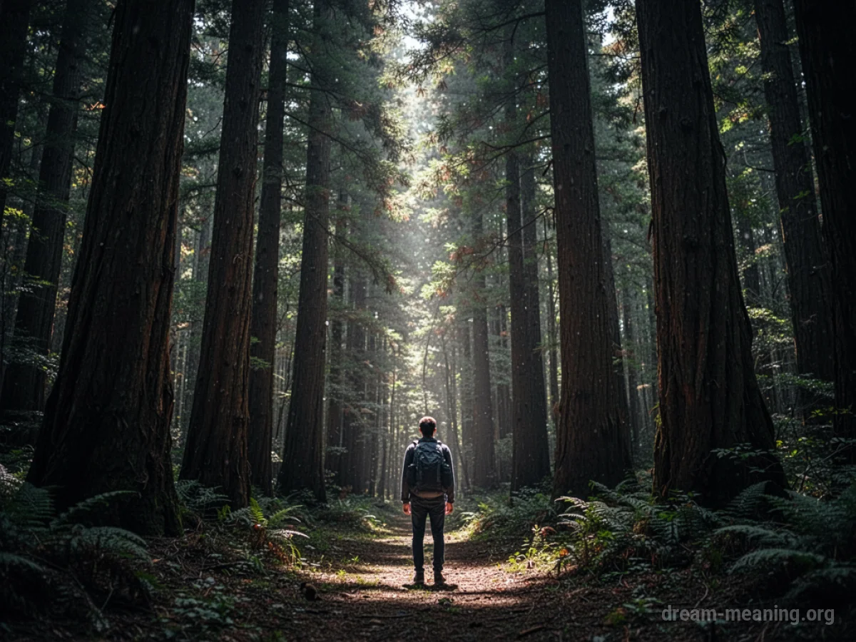 A person stands alone in a dense, dark forest.