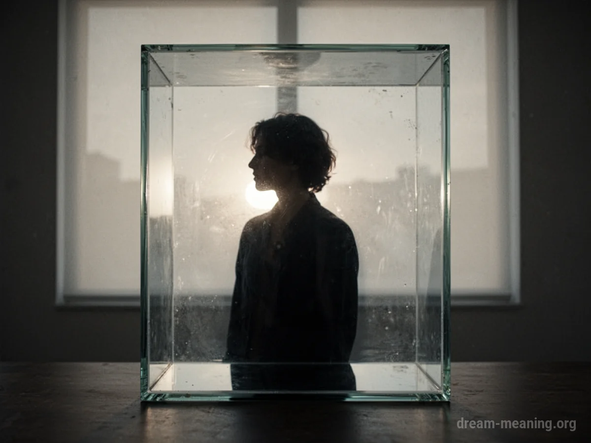 Silhouette of a person inside a clear glass box.