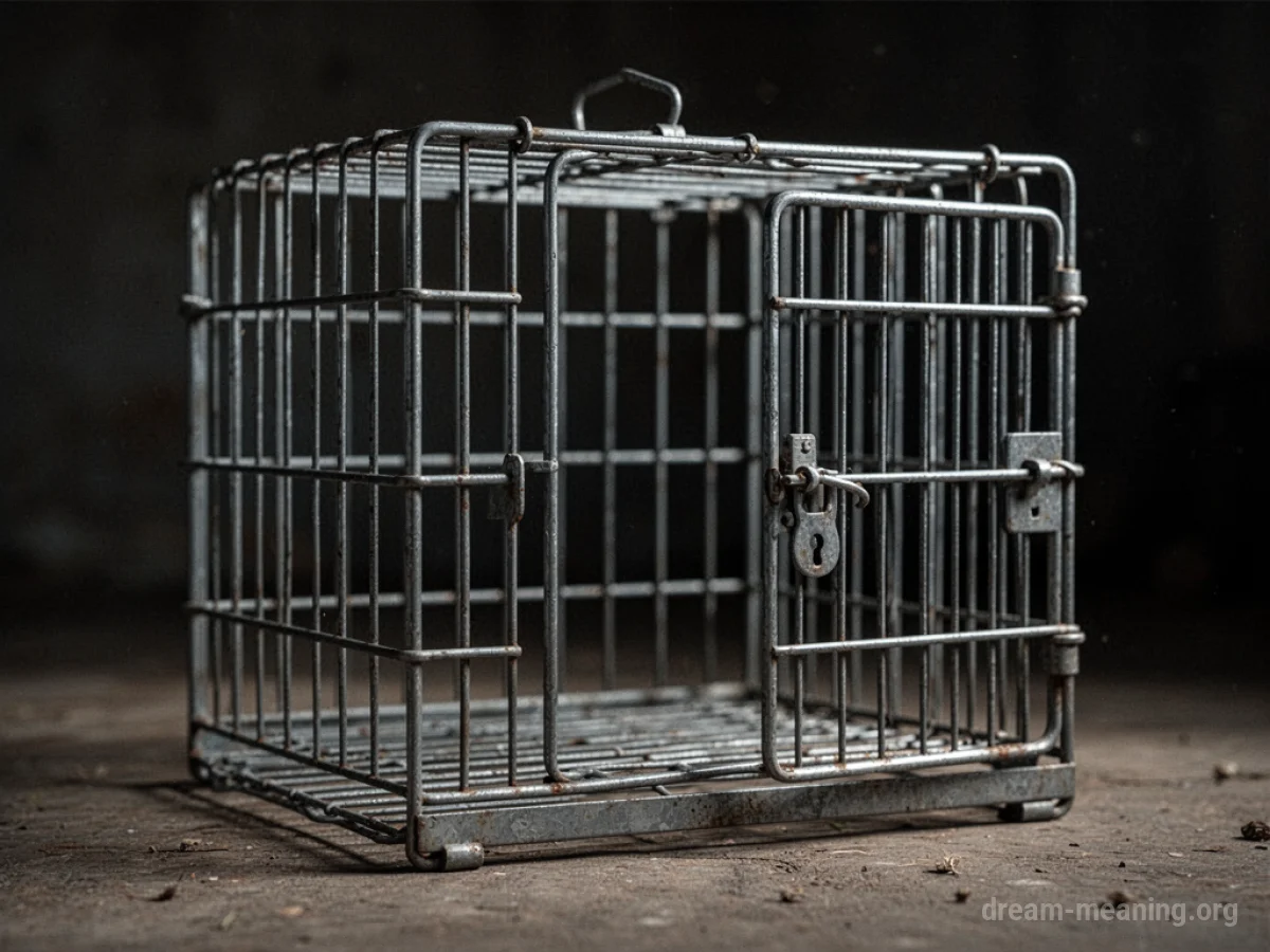 An empty metal cage with an open door.