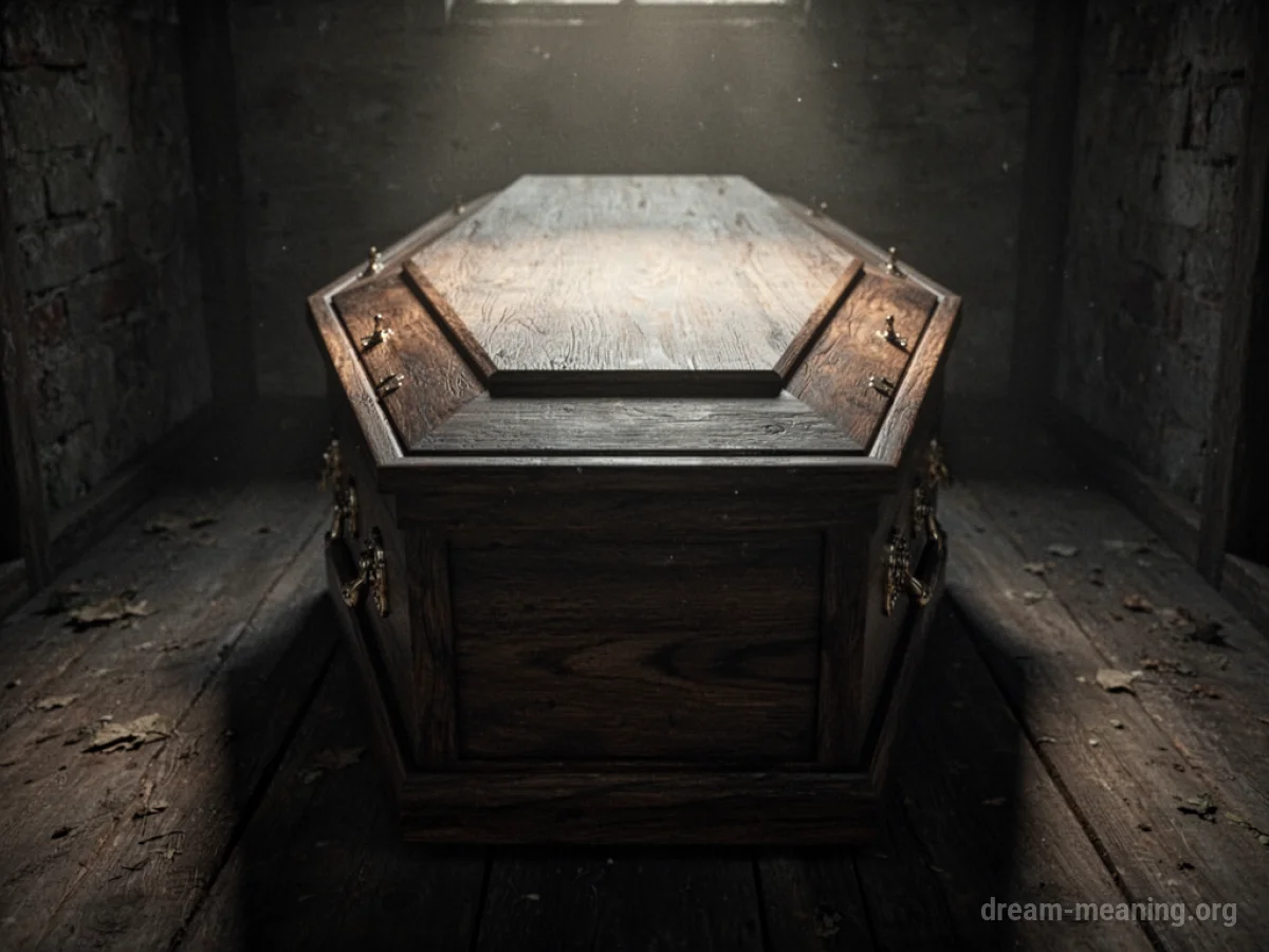A closed wooden coffin seen from a low angle.