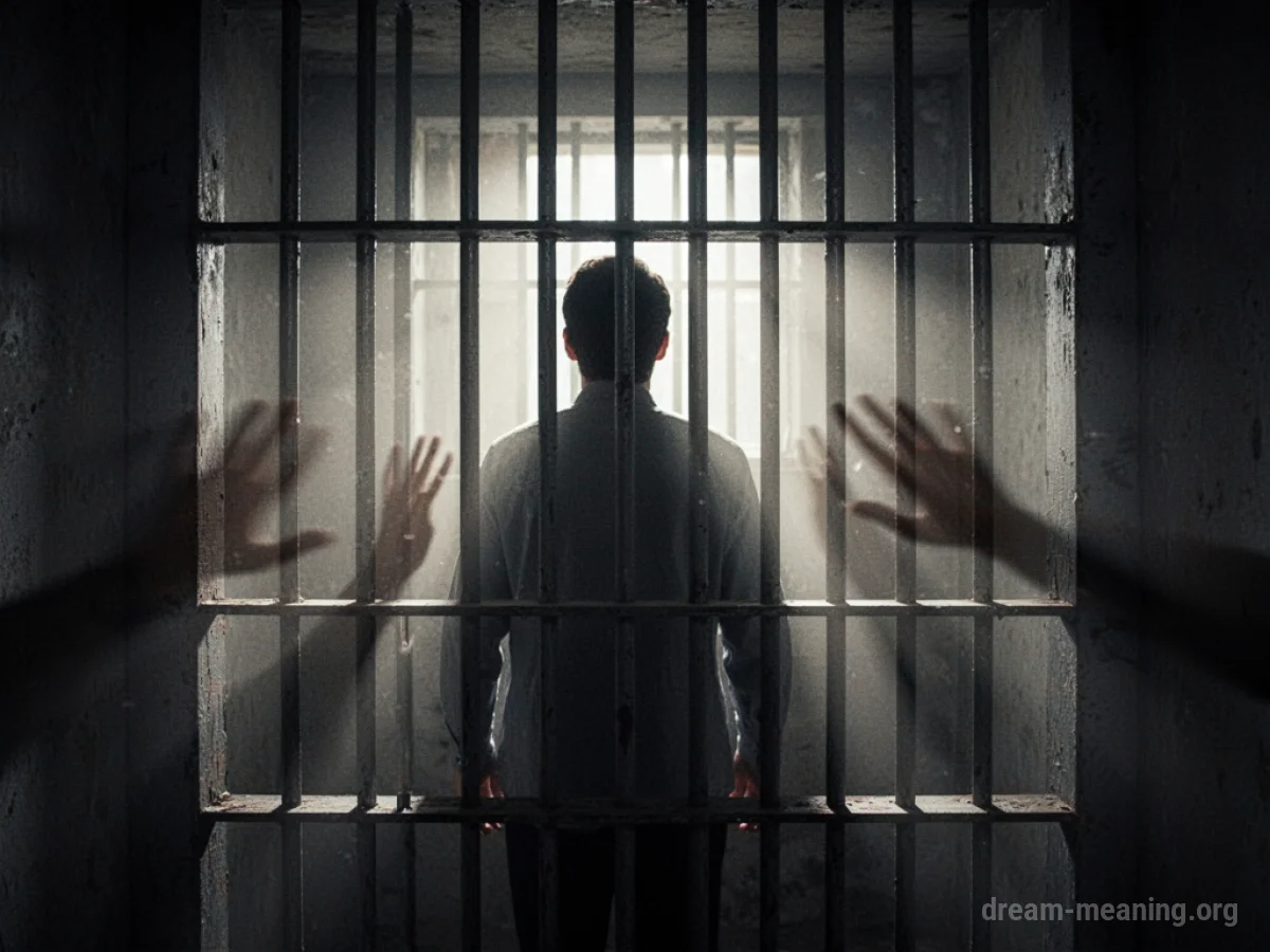Silhouette of a person seen through cage bars with shadows outside.