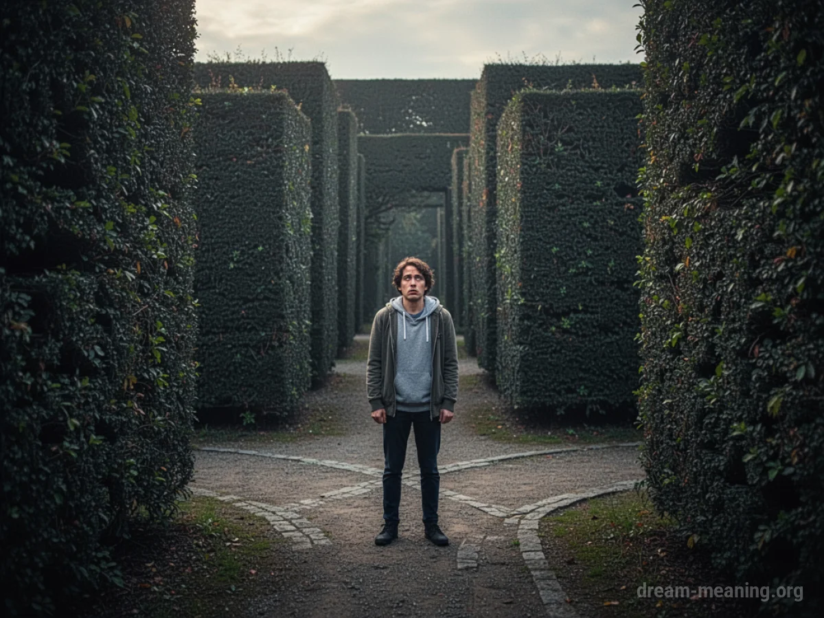 A person at a crossroads in a dark hedge maze.