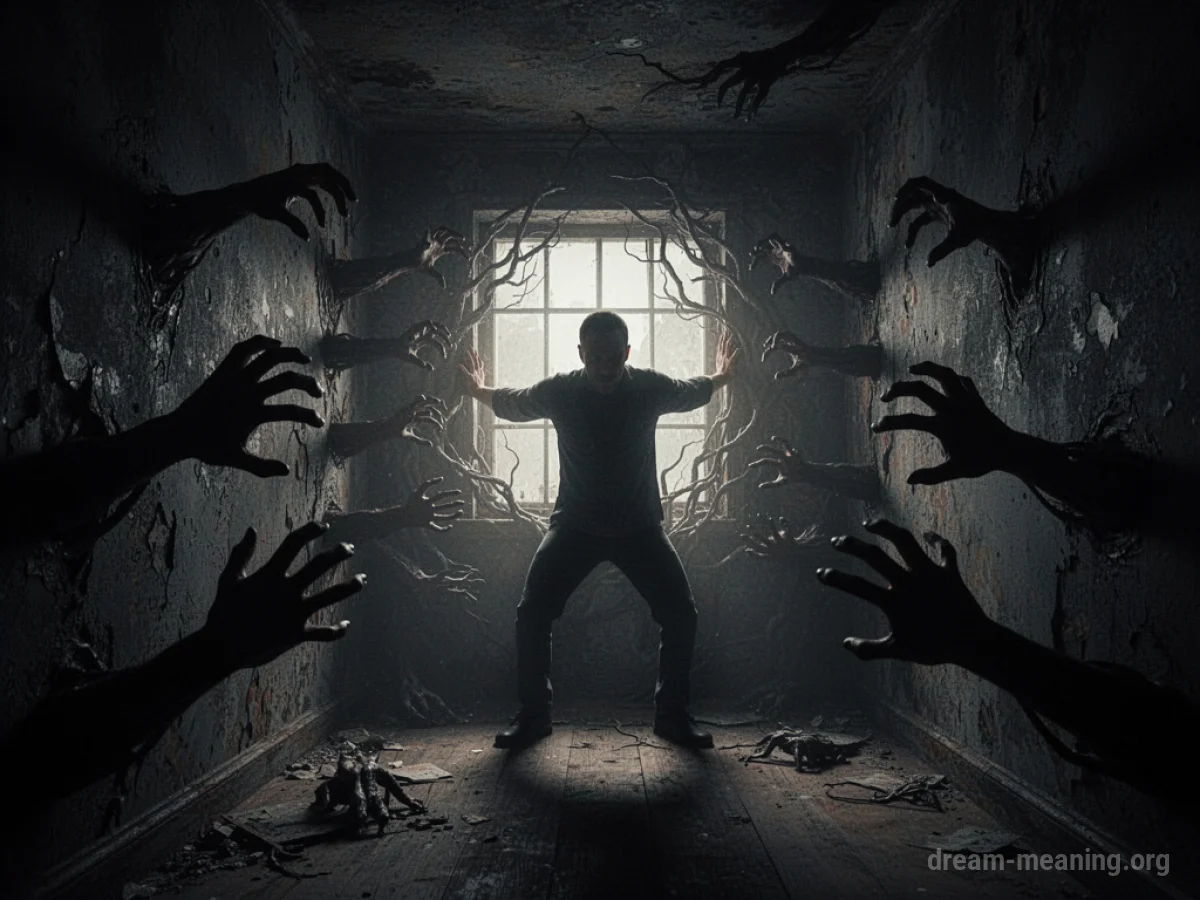 Silhouette figure trapped in a dark, distorted room with shadowy hands.