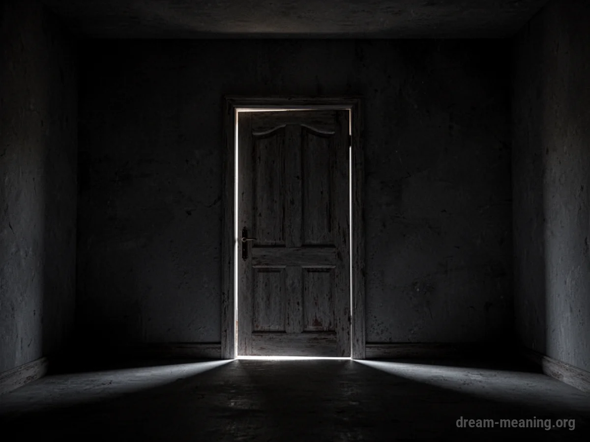 A closed door in a dark, empty room.