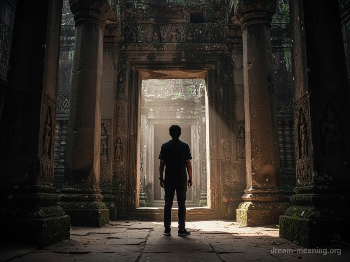 Silhouette of a person standing in the large entrance of a stone temple, looking back into the darkness within.
