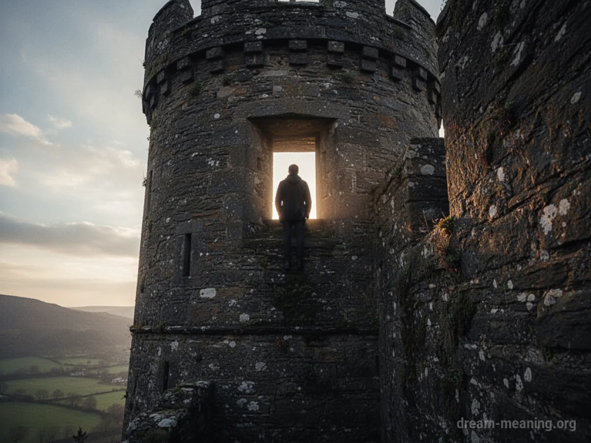 Silhouette of a person looking out a small window from a high tower.