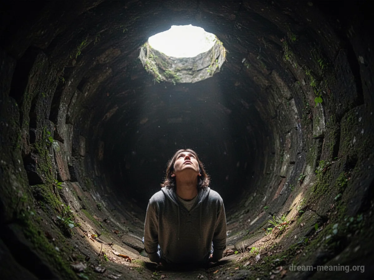 A person at the bottom of a well looking up at the distant opening.