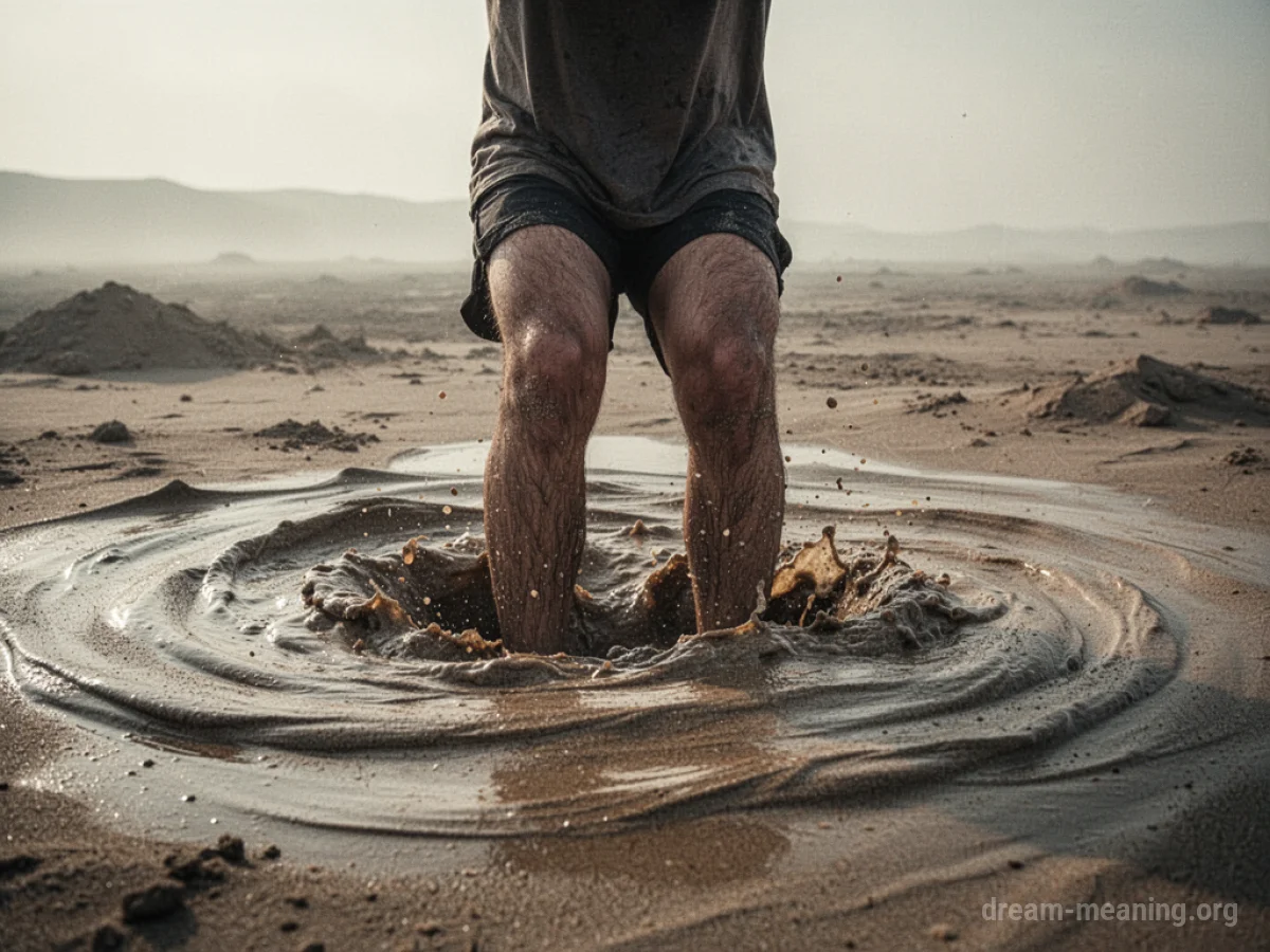 Legs sinking into quicksand in a barren landscape.