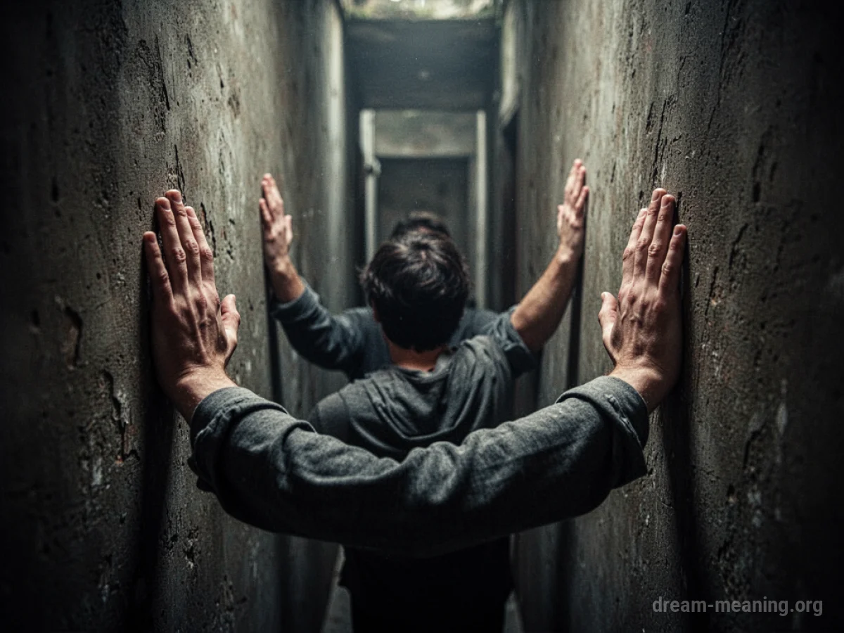 Hands pushing against the walls of a tight, dark corridor.