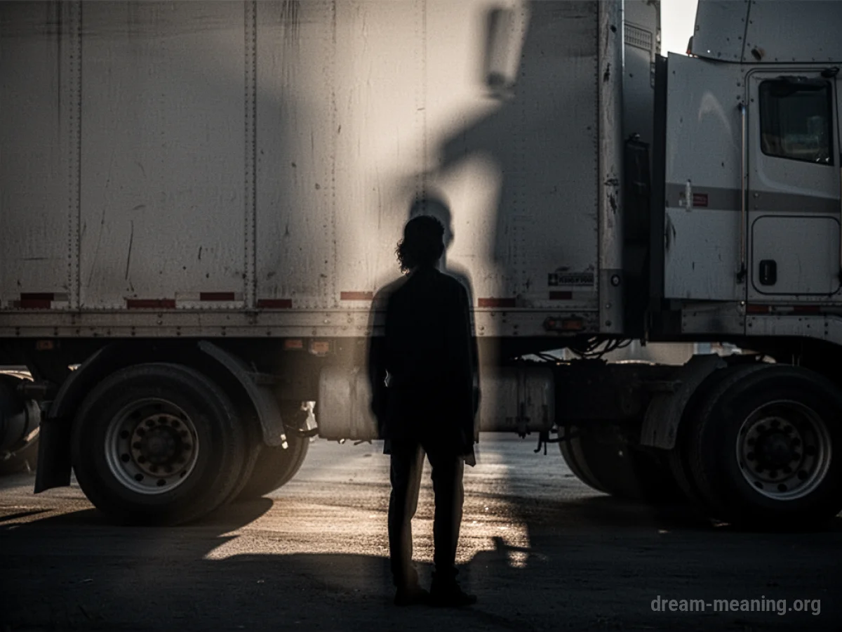 Silhouette of a person near the wheels of a large truck.
