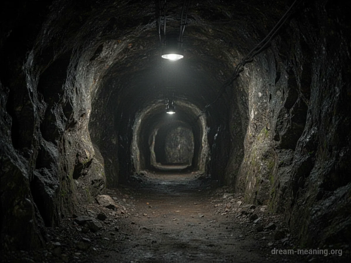A dark, narrow tunnel with rough stone walls.