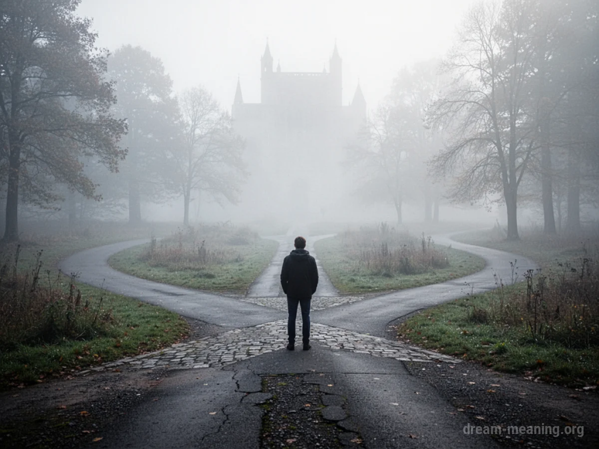 A person at a misty crossroads with multiple paths leading forward.