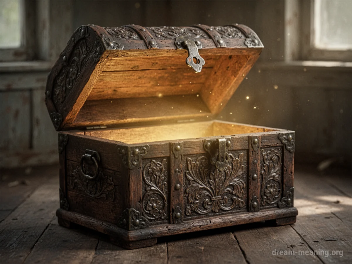An antique wooden treasure chest with its lid slightly ajar.