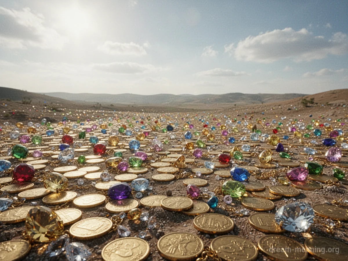 Numerous gold coins and precious gems scattered across a wide open field.