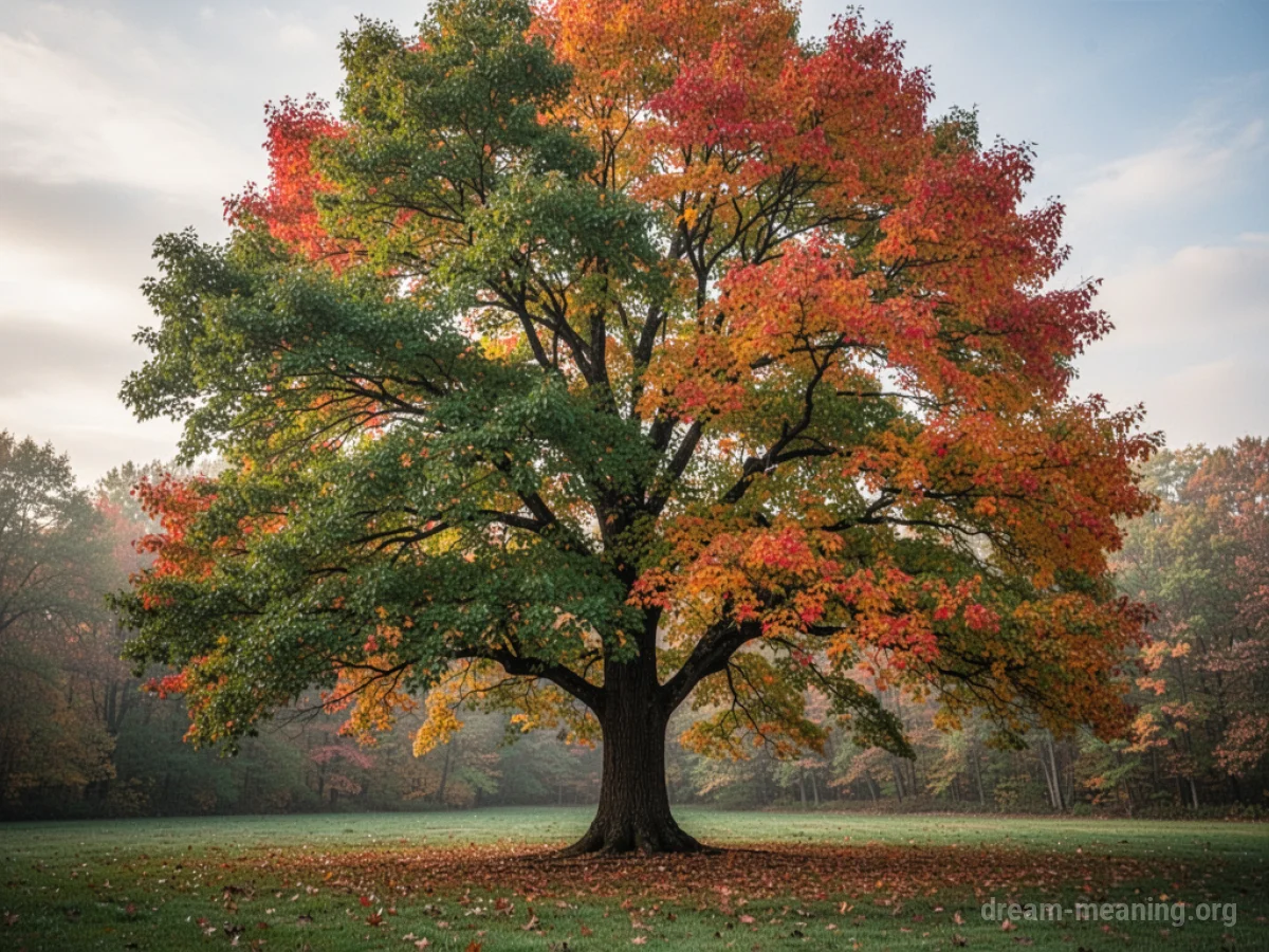 A tree with leaves changing from green to autumn hues.