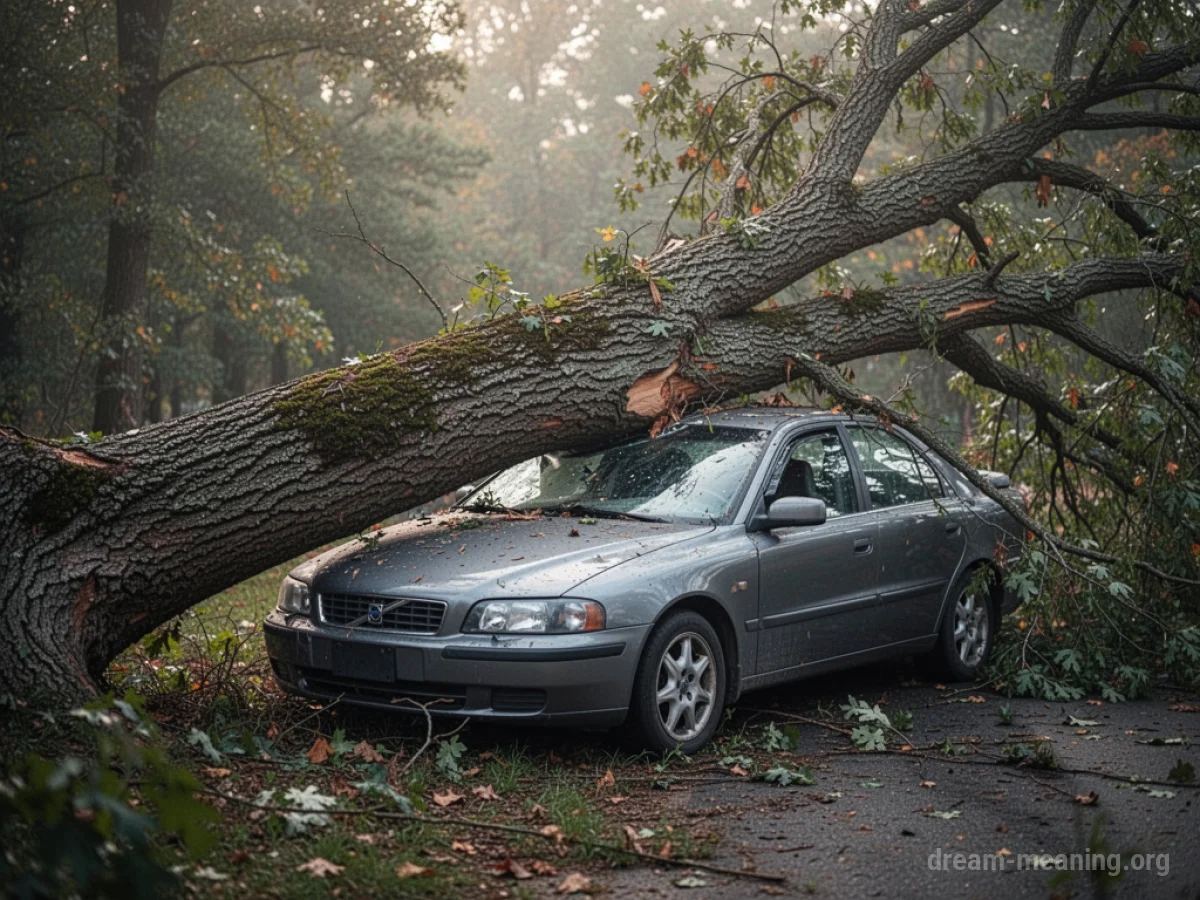 A large tree is fallen across the hood of a car.