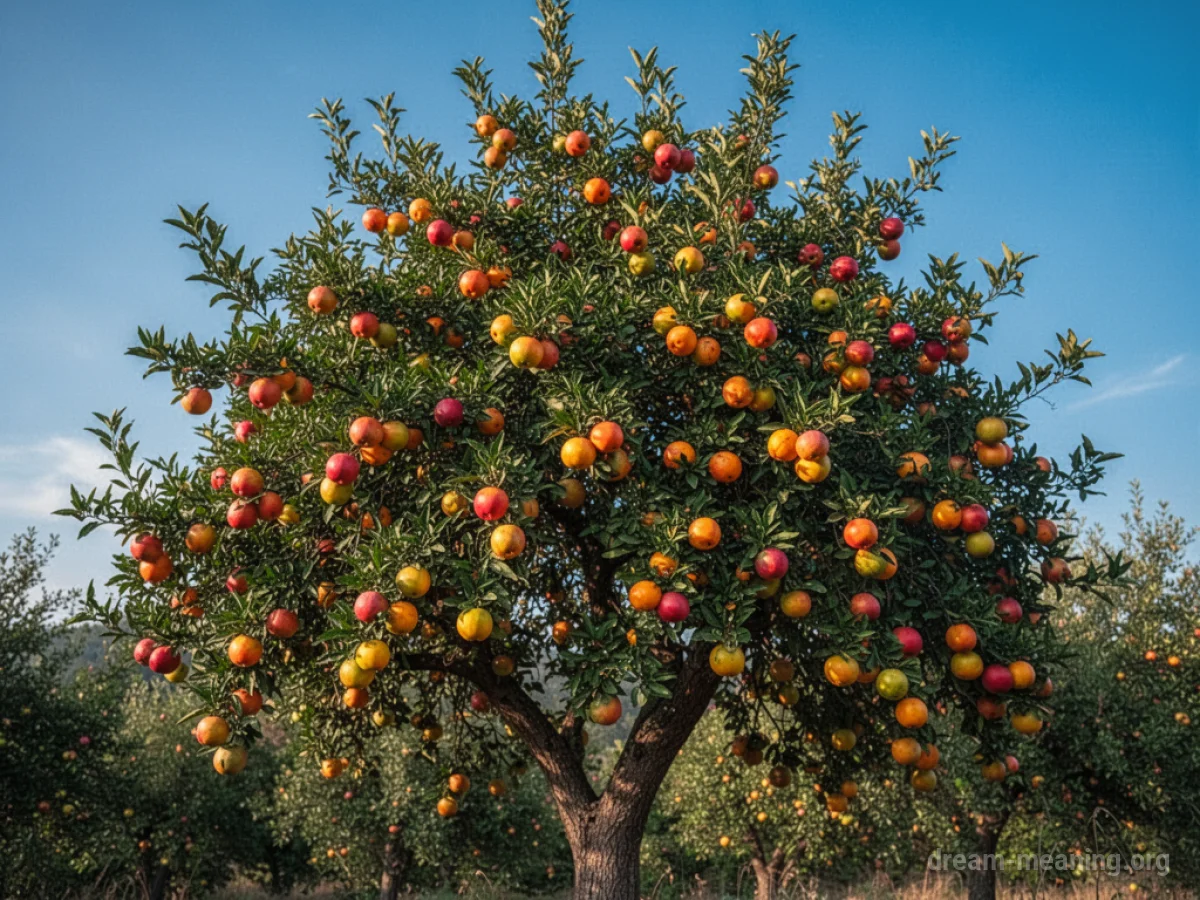 A tree heavily decorated with various ripe fruits.