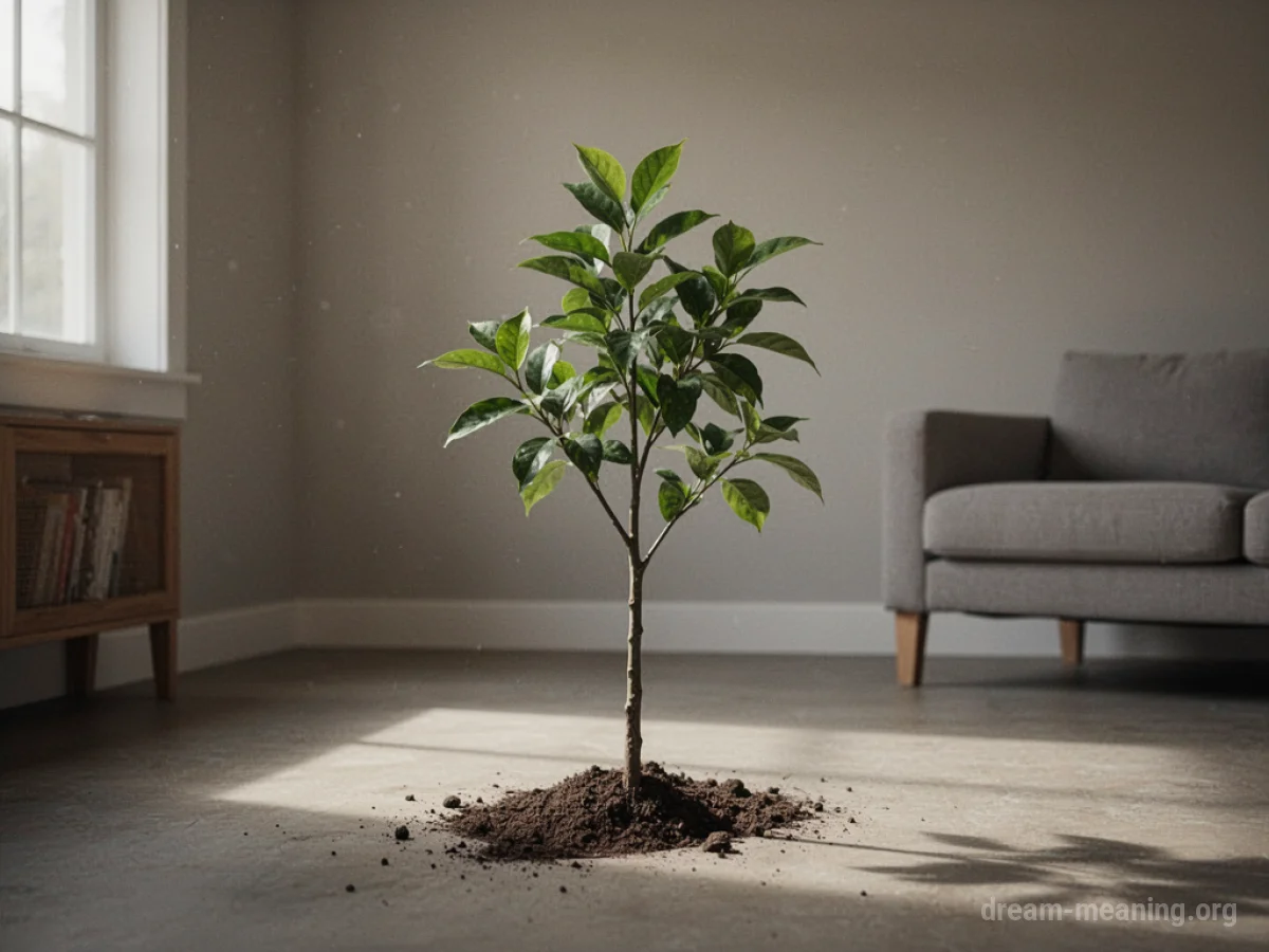 A small green sapling emerging from the floor of an indoor room.