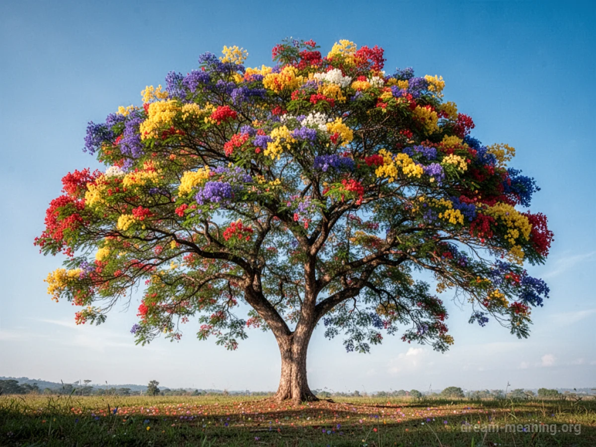 A tree laden with colorful flowers.