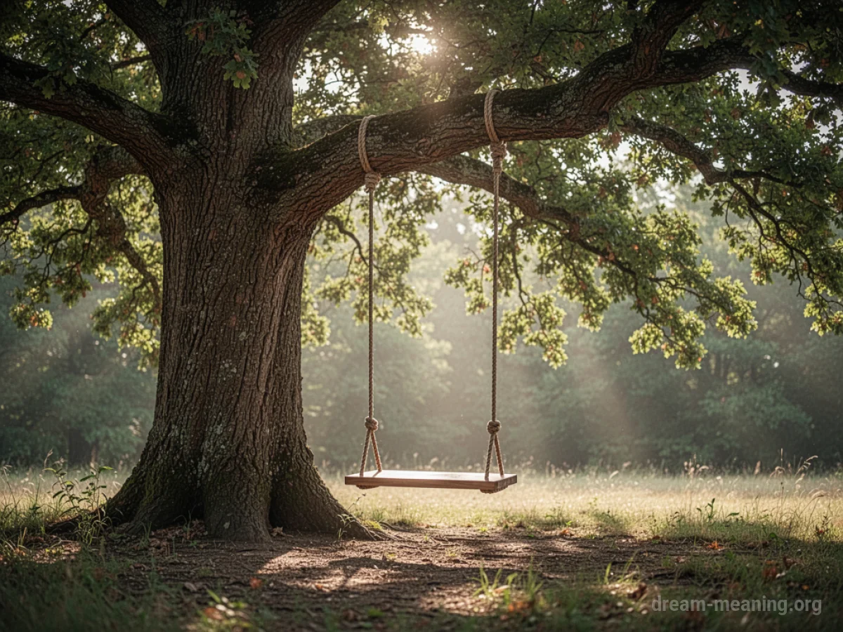 A wooden swing hanging from a branch of a large tree.