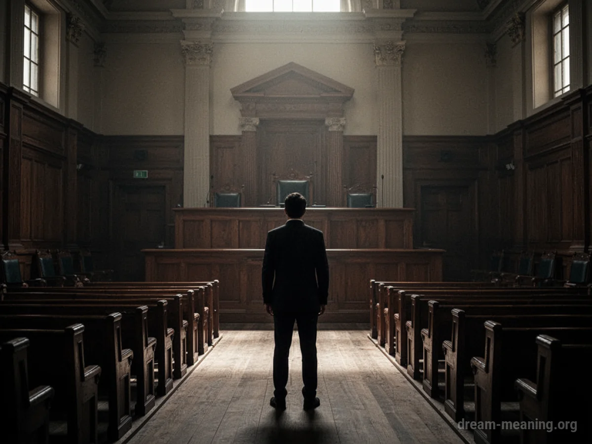 Silhouette of a person in a large, empty courtroom facing a judge's bench.