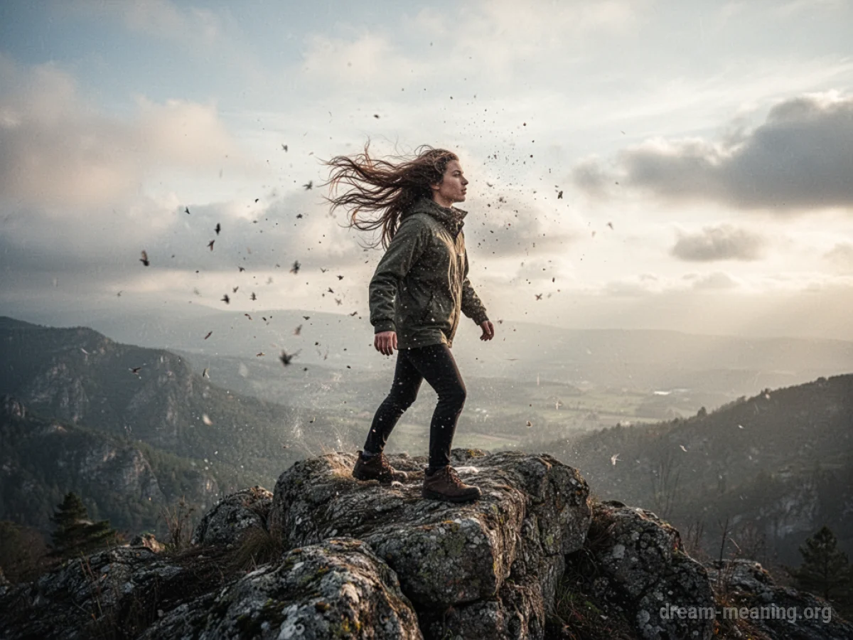 A person stands against a strong wind on a rocky peak.