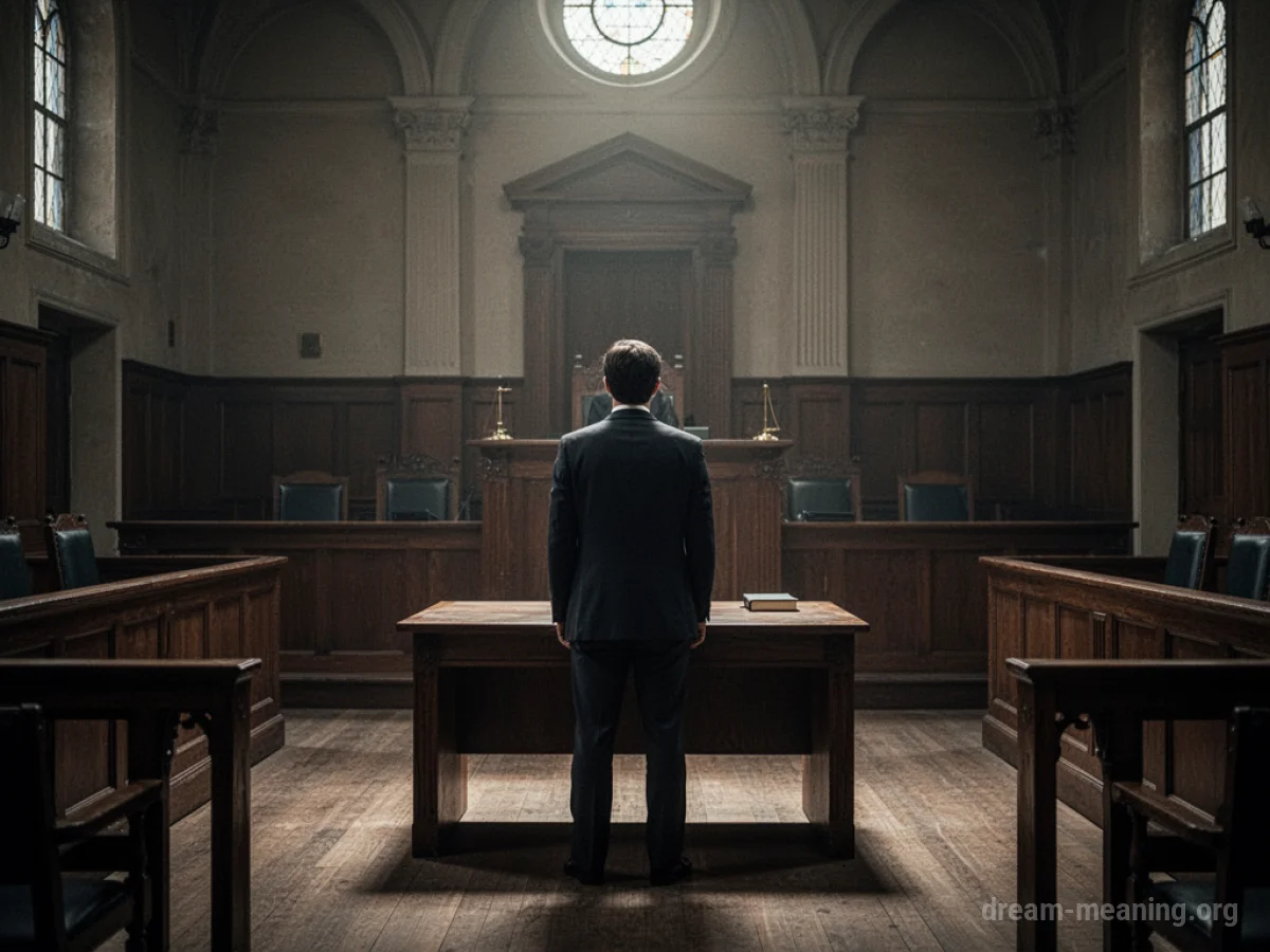 A single person sits alone at a lawyer's table in an empty courtroom.