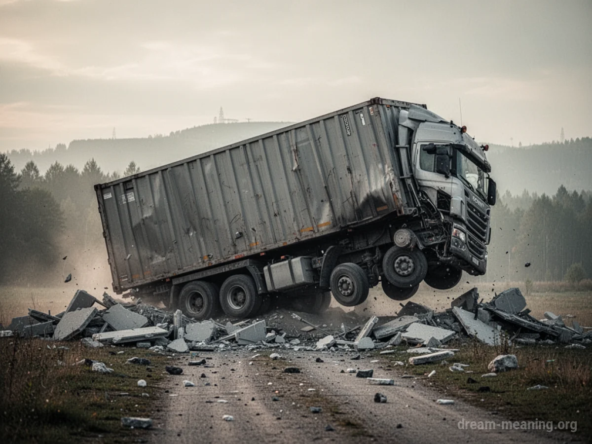 A large truck lying on its side with surrounding debris.