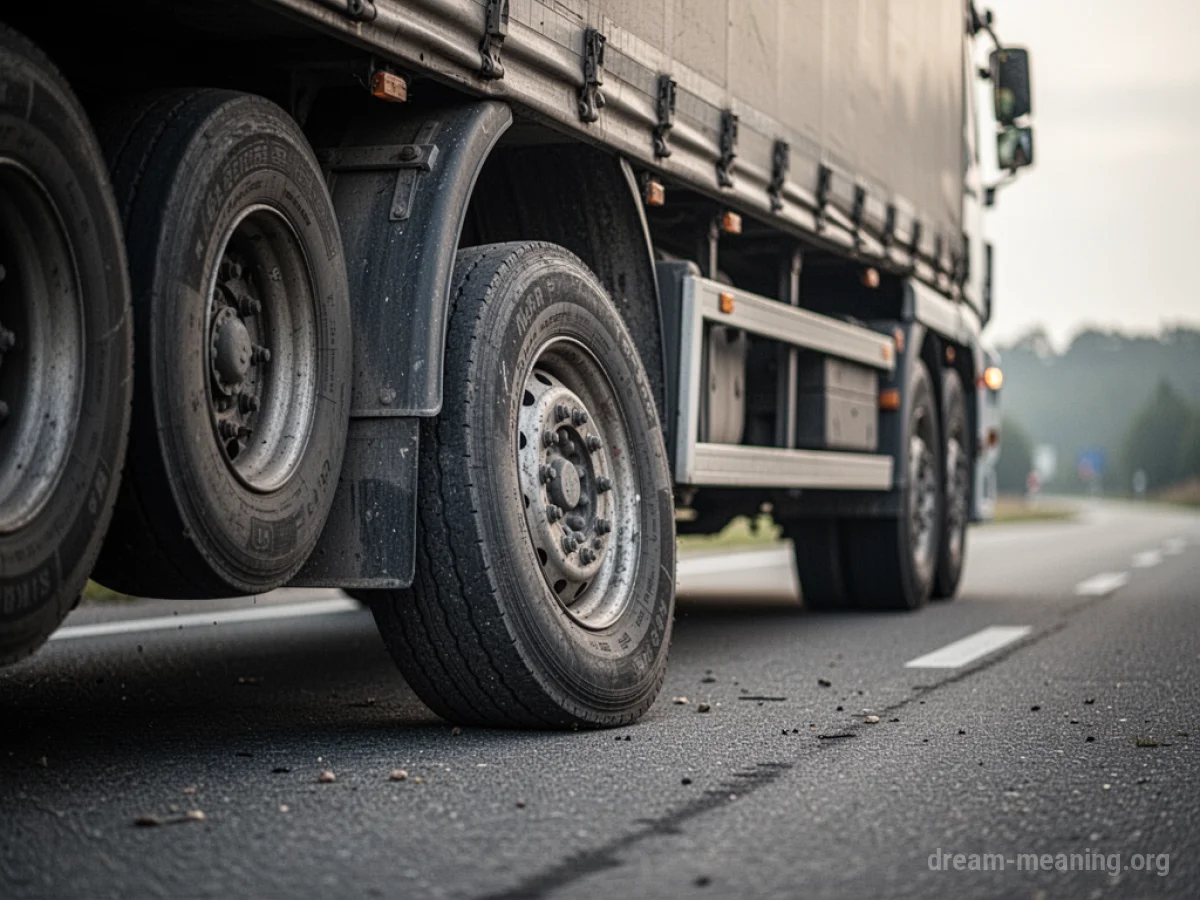 A truck with a deflated tire on a road.